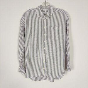 Reitmans Womens Shirt Size M Striped White Purple Navy Linen Viscose